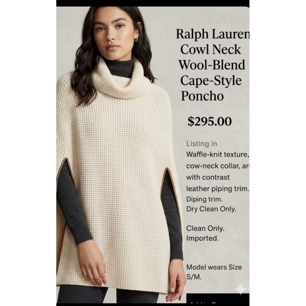 Ralph Lauren Women Tan Camel Waffle Knit Wool Poncho Cape Cow neck Sweater  S/M